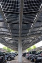 Solar energy panels installed on the canopy of a car parking area