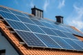 Solar energy panels installed on rooftop of modern house. Blue sky background. Green technology innovation. Alternative energy Royalty Free Stock Photo