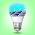 Solar energy panels in light bulb, Isolated vector illustration of clean electric energy from renewable sources sun and wind