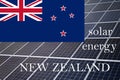 Solar energy panels with New Zealand flag background. Sustainable resources and renewable new zealander energy concept