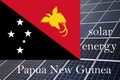 Solar energy panels with Papua New Guinea flag background. Sustainable resources and renewable papua new guinean energy concept