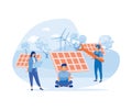 Solar energy panels system concept. Installing solar modules. Field service technicians, engineer, manager and architect.