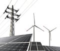 Solar energy panels with wind turbines and electricity pylon Royalty Free Stock Photo