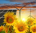 Solar energy panels with wind turbines Royalty Free Stock Photo