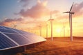 solar energy panels and wind turbines at sunset. 3d rendering, Modern Wind turbines and solar panels sunset light. Concept eco Royalty Free Stock Photo