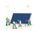Solar energy system concept. Installing solar modules. Field service technicians, engineer, manager and architect. Scene with