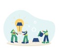 Solar energy system concept. Installing solar modules. Field service technicians, engineer. Scene with people group and panels.