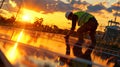 Solar engineer inspecting panel array at sunset in warm light showcasing human role in clean energy Royalty Free Stock Photo
