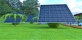 A solar farm on trackers made of steel rotating balls, inside of which there is a power plant made of ceramic batteries, a