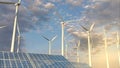 solar panels and wind generators on blue sky - renewable energy, fictitious design - industrial 3D illustration