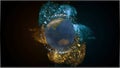 New celestial body birth. Solar flares and frozen particles facing and mixing over black background and it gives a birth
