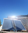 Solar heater sky blue on a roof of house