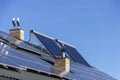 Solar installation for the generation of green electricity and water heating on the roof of a residential house close up