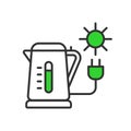 Solar Kettle icon in line design green. Kettle, icon, water, heat, sun, energy, boil, hot, portable isolated on white