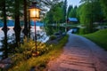 solar lamp illuminating a path to a picturesque lakeside retreat