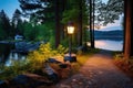 solar lamp illuminating a path to a picturesque lakeside retreat