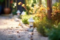 solar landscape lights along a garden path Royalty Free Stock Photo