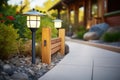 solar landscape lights along a garden path Royalty Free Stock Photo