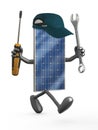 Solar panel with arms, legs and tools on hands