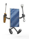 Solar panel with arms, legs and tools on hands
