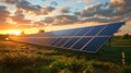 Solar Panel Array in Green Field at Sunset with Colorful Sky Royalty Free Stock Photo