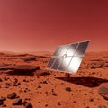 Solar Panel Array on Mars Surface with Red Rocky Terrain and Hazy Atmosphere space exploration Royalty Free Stock Photo