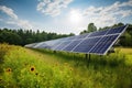 solar panel array in a sunny field, with greener pastures in the background Royalty Free Stock Photo