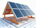 Solar panel array technical drawing illustration. Detailed view of panels on wooden structure. Solar panels set on blueprint Royalty Free Stock Photo