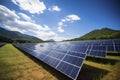 Solar panel on blue sky background. Panels installed in straight long rows. Green grass and cloudy sky