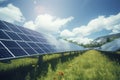 Solar panel on blue sky background. Panels installed in straight long rows. Green grass and cloudy sky