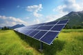 Solar panel on blue sky background. Panels installed in straight long rows. Green grass and cloudy sky Royalty Free Stock Photo