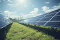 Solar panel on blue sky background. Panels installed in straight long rows. Green grass and cloudy sky Royalty Free Stock Photo