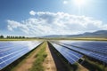 Solar panel on blue sky background. Panels installed in straight long rows. Green grass and cloudy sky Royalty Free Stock Photo