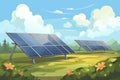 Solar panel on blue sky background. Panels installed in straight long rows. Green grass and cloudy sky Royalty Free Stock Photo