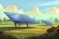 Solar panel on blue sky background. Panels installed in straight long rows. Green grass and cloudy sky Royalty Free Stock Photo