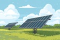 Solar panel on blue sky background. Panels installed in straight long rows. Green grass and cloudy sky Royalty Free Stock Photo