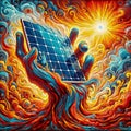 A captivating depiction shows a solar panel amidst a vortex of fire and water., generative ai Royalty Free Stock Photo