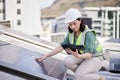 Solar panel, engineering ot woman with a tablet for planning, renewable energy or research. Connection, technology or