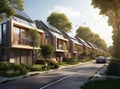 Solar panel equipped residences showcase eco-friendliness amidst lush green surroundings. Generative AI.