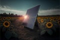 Solar panel in the field of sunflowers. 3d render Royalty Free Stock Photo