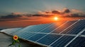 Solar Panel Field at Sunset with Sunflower Royalty Free Stock Photo