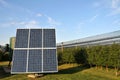 Solar panel for generating electricity in the apple orchard with protective nets against hail Royalty Free Stock Photo