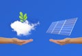 Solar Panel with hand, green plant, sky and cloud Royalty Free Stock Photo