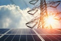 solar panel and high voltage tower with sunshine. clean energy p Royalty Free Stock Photo