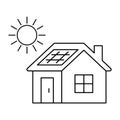 Solar panel on house, accumulate sun energy, line icon. Alternative electric generation from sunlight. Vector outline