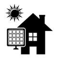 Solar panel house and sun in black style