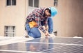 Solar panel install, engineer and black man on roof, sustainable or renewable energy mockup. Photovoltaic technician Royalty Free Stock Photo