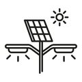 Solar panel lighting system, street lamp, autonomous solution. Energy efficient lantern vector line icon Royalty Free Stock Photo
