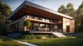 Solar panel modern house with panoramic windows. AI generated Royalty Free Stock Photo