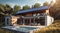 Solar panel modern house with panoramic windows. AI generated Royalty Free Stock Photo